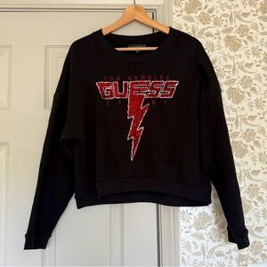 GUESS Los Angeles Lightning Bolt Sweatshirt – Black Red Glitter Logo, Size M